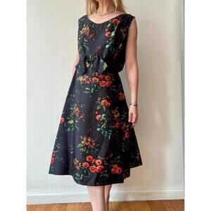 Vintage 1950s Black Silk Shantung Floral Cocktail Dress